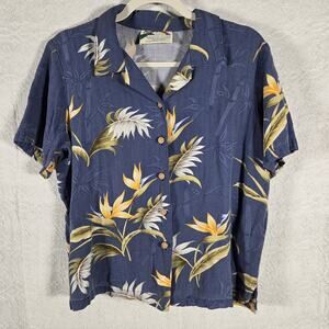 Paradise Found Hawaii Shirt Womens Large Blue Floral Hawaiian Rayon Aloha Button